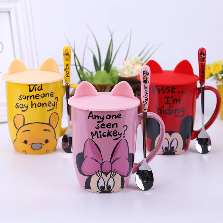 

1pcs 500ML Mickey & Minnie Ceramic Coffee Mug With Cat Ear Lids bear Figure Milk Cups Drinkware Birthday Xmas Gifts