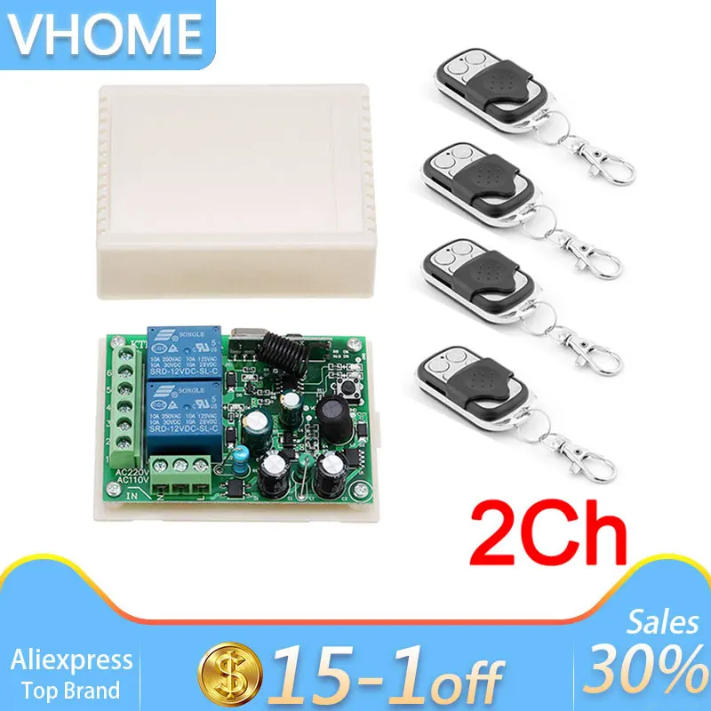 

Vhome Gate/Door Control Wireless Remote Control Switch ,2200W AC85V-250V 2CH Relay Receiver & RF Transmitter