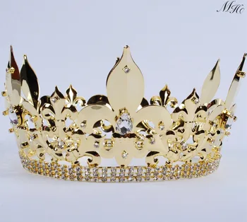 

For Men Full Round Crown Imperial Medieval Large Tiara Diadem Clear Crystals Rhinestones Headband Pageant Party Costumes