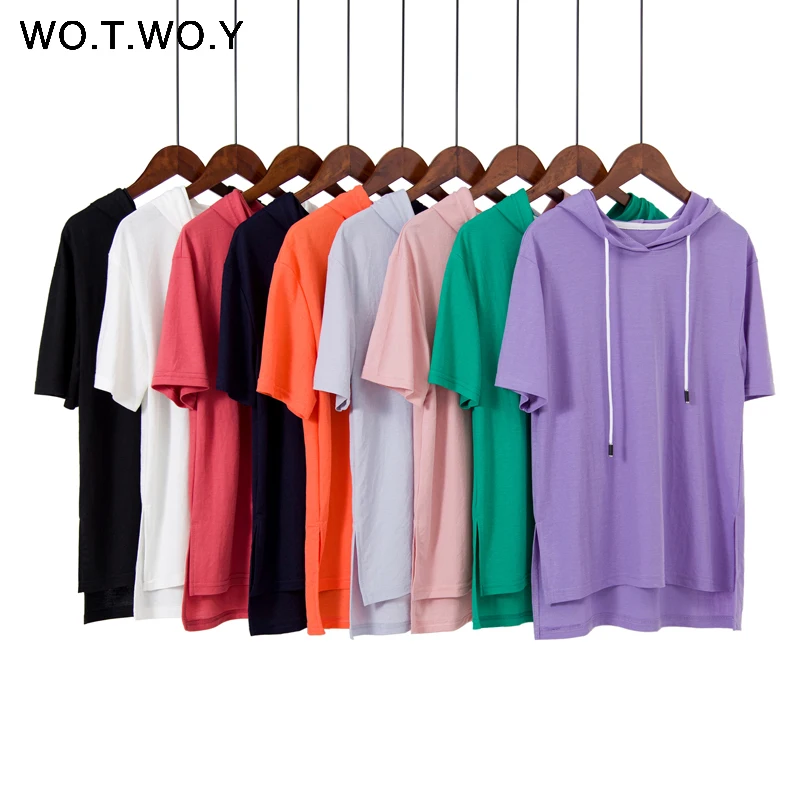 

WOTWOY 9 Colorful Hooded T Shirts Women 2020 Summer Cotton Basic Casual Loose Short Sleeve Tops Female White Plus Size Hoodies