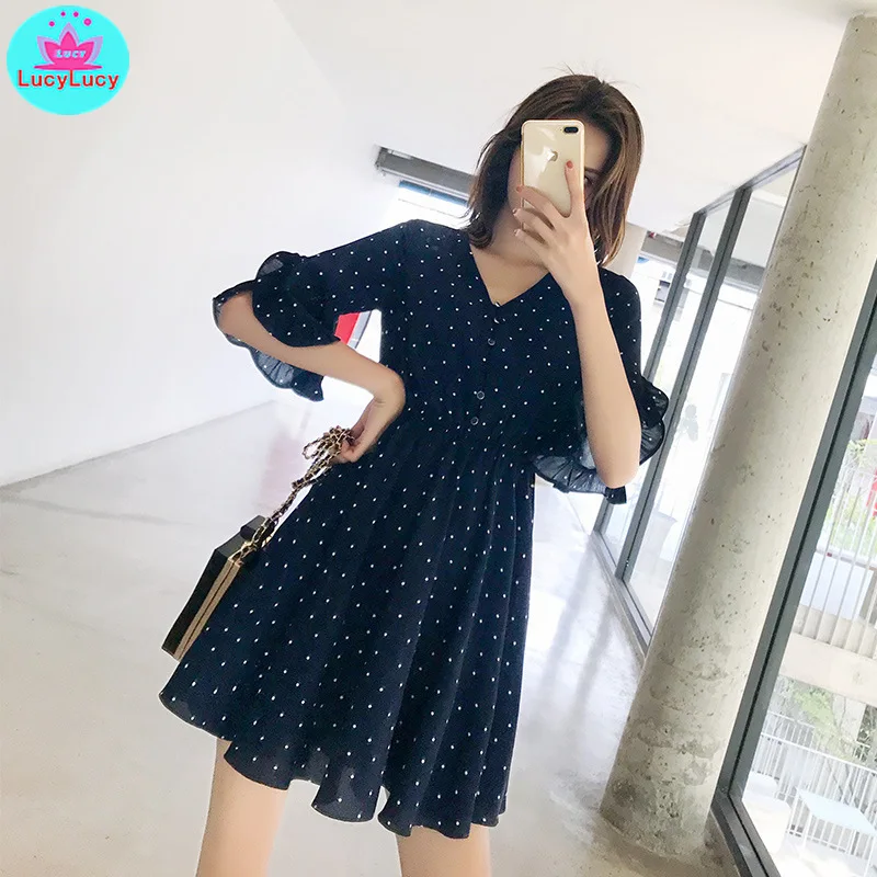 

Summer 2019 Korean version of the new women's ruffled speaker A word wave dress V-Neck Zippers Office Lady