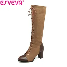 ESVEVA/ г. Ковбойские женские сапоги на высоком квадратном каблуке разноцветные женские сапоги до колена мотоциклетные сапоги на шнуровке коричневого цвета размеры 34-39