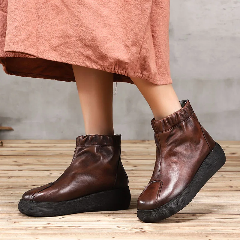 

2018 VALLU Winter Autumn Ladies Bootie Genuine Leather Ankle Boots Round Toes Handmade Vintage Flat Platform Boots for Women
