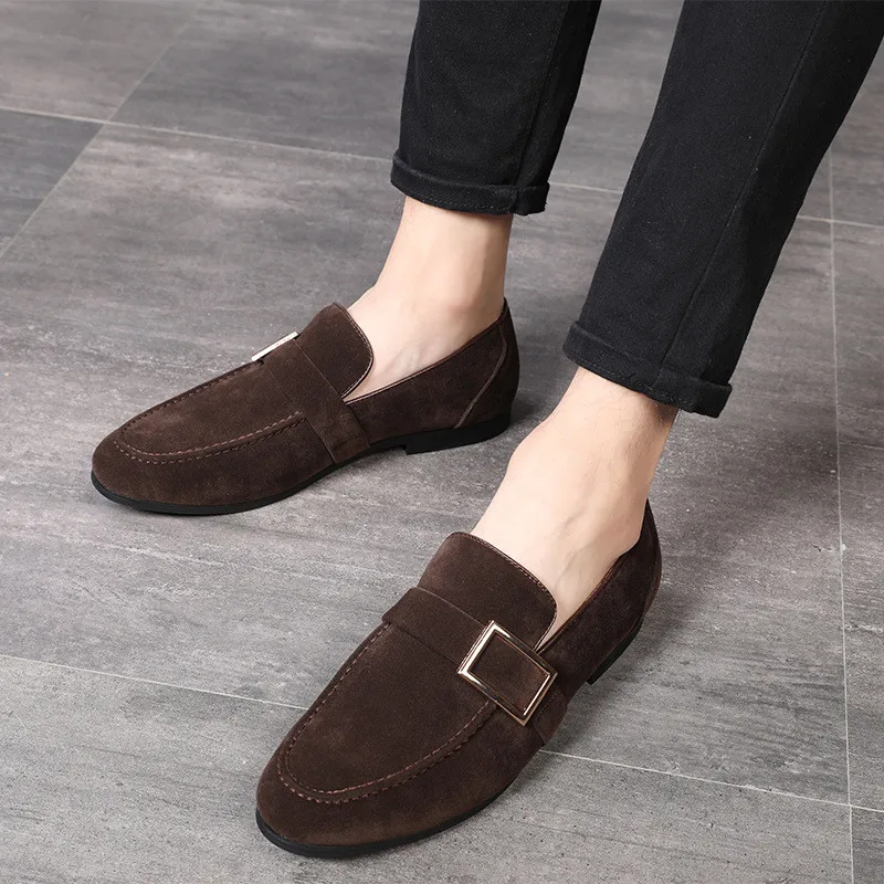 Merkmak Luxury Men Party Loafers Metal Buckle Design Elegant Suede Dress Shoe Vintage Retro Wedding Men's Footwear Casual Flats