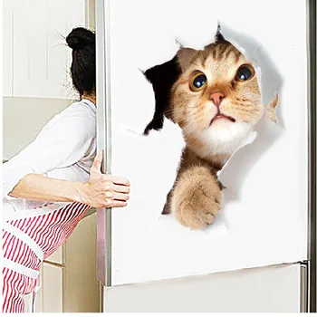 3d vivid broken Cat Toilet Door Refrigerator kitchen toilet Wall Stickers Decals Door Home Decor Poster Mural