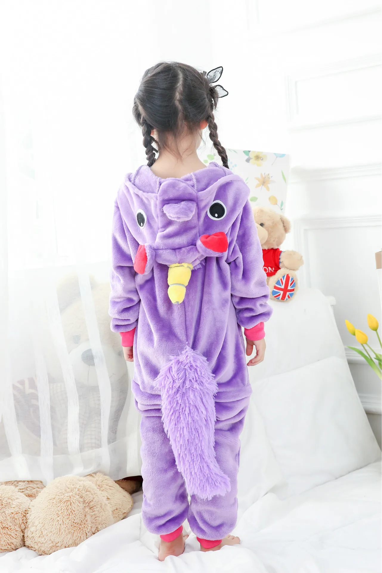 Кигуруми Детские пижамы с единорогом для детей, цельные фланелевые зимние пижамы унисекс с рисунком динозавра из мультфильма для малышей, Комбинезоны - Цвет: Purple unicorn