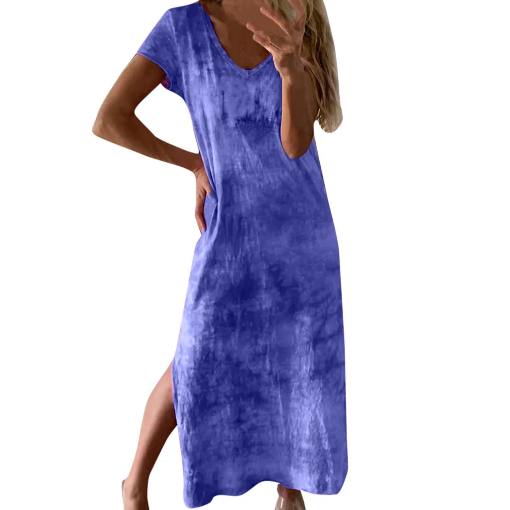 KLV летнее женское платье последней моды свободное Повседневное платье с v-образным вырезом и коротким рукавом с разрезом Макси платье D4