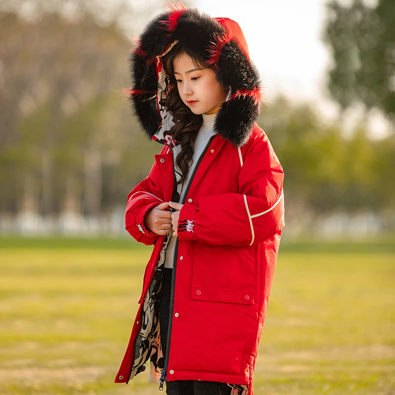 

HSSCZL 2019 New girls down jacket duck fashion natural fur collar hooded warm outerwear overcoat children winter thicken coat