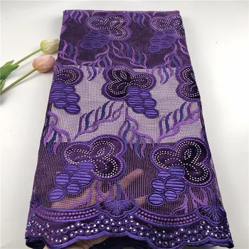 

Purple Nigerian Velvet Fabric Lace Grid Embroidered French Mesh Lace Fabric High Quality African Velvet Lace Fabric With Stones