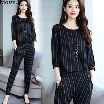 

Striped Two Piece Set Women Spring Autumn 3/4 Sleeve Tops And Harem Pants Sets Suits Casual Office Fashion 2 Piece Women's Sets