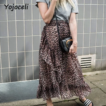 

Yojoceli 2018 streetwear leopard print skirt women midi romantic wrap ruffled skirt boho beach bow long skirt female