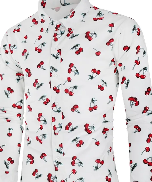 Fashion New Cotton Quality Long Sleeved Shirt Slim Men's Cherry Print ...
