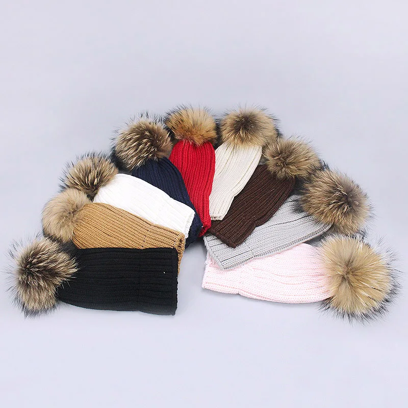 Warm Chunky Thick Hats and Scarves Real Fur Pom Pom Set for Child Mother Baby Kids Girls Boys Warm Hat Winter Beanie Knitted Cap