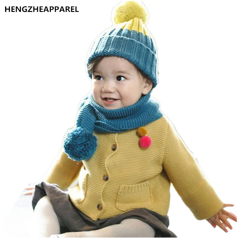 new knit double color kids collars +hat set winter warm baby hats with wool ball boys girls caps beanies children headwear scarf