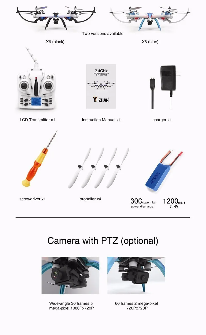 YiZhan Тарантул X6 4-оси RC беспилотный летательный аппарат Игрушка модель может добавить Широкий формат 5MP или 2 МП Камера с радиусом действия до расстояние 300 м