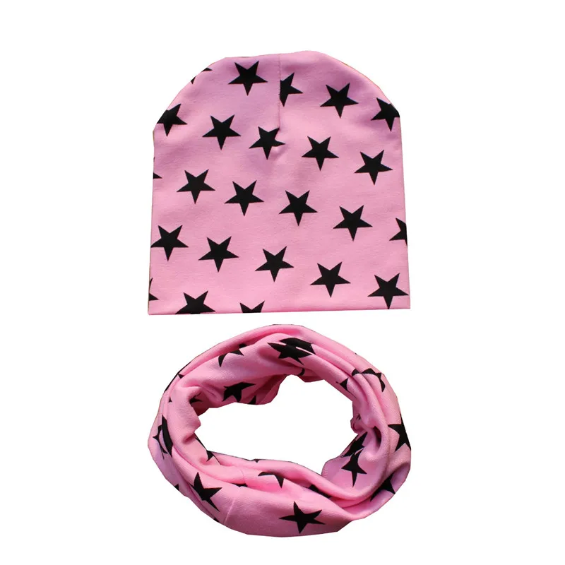 pink stars Г. Весенний Детский комплект с шапкой, осенне-зимний шарф с воротником для мальчиков и девочек, теплый шейный платок, детские вязаные шапки, комплекты хлопковая детская шапка, шарф - Цвет: pink stars