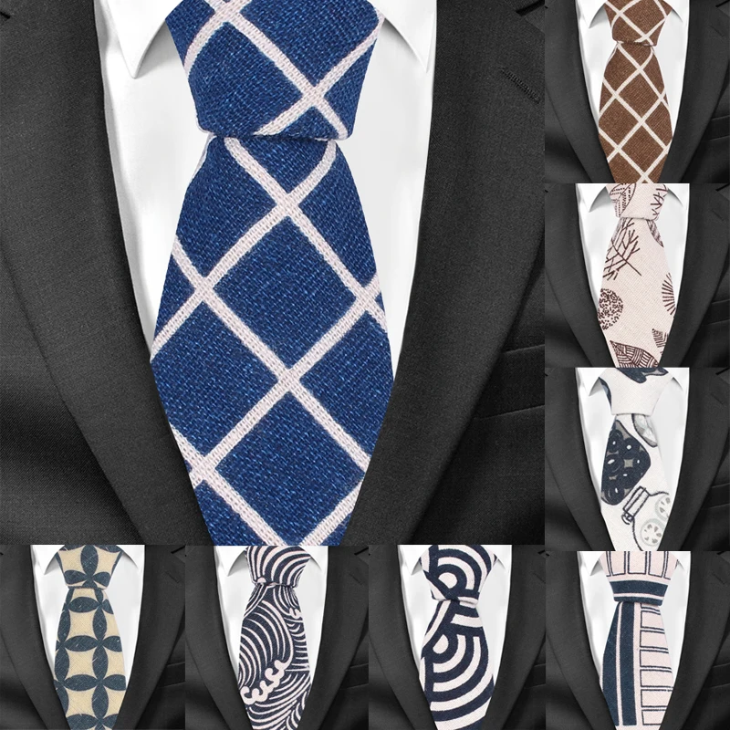 

New Floral Print Necktie For Men Casual Cotton Linen Ties Plaid Slim Tie Male Suits Skinny Neck Tie For Wedding Business Gravats
