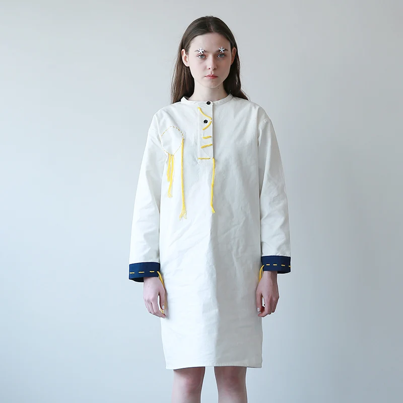 

Autumn New Arrivals Women Fashion Blouse Cotton Original Design Long Sleeves Loose Long Shirt Dress Lace Up O Neck Tassel White