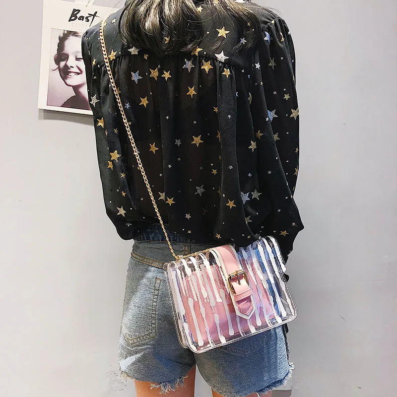 

2018 New Women's Bags Fashion Shoulder Bag Transparent Solid Color Crossbody Shoulder Bags Chain Child Small Square Bag Female