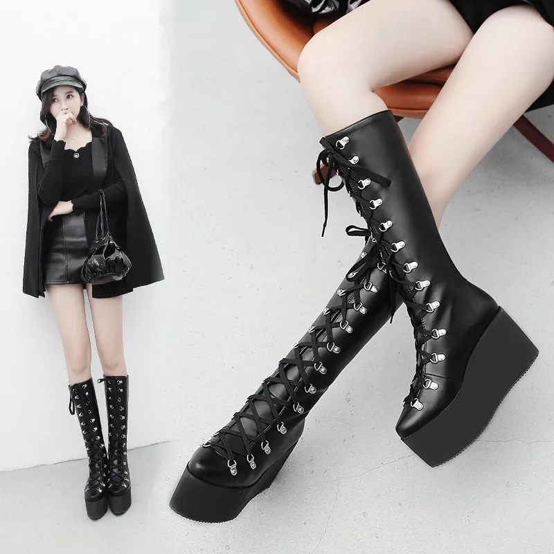 Stiefel Militär Kampf Keile Hohe Up Ymechic Frauen Schuhe Gothic 2018 Lange Punk Fashion Plus Schwarzes Größe Lace Damen Knie Plattform wAAX0aT