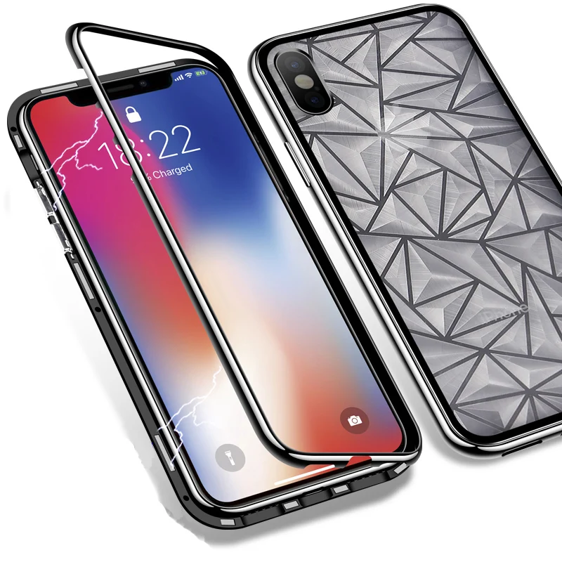 

Luxury Magnetic Flip Phone Case for iPhone X 7 plus PC Border Diamond Pattern Tempered Glass Back Cover