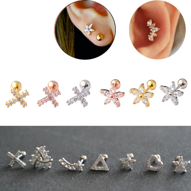 Tragus piercing Helix oreja cruz Cross con circonita cristales piedras arete