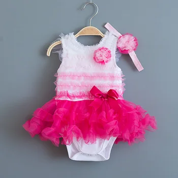 

Infant Baby Girl Dress Gradient Hot Pink Flowers Summer Party Wedding Dresses & Headband for Princess Girls Clothing Set