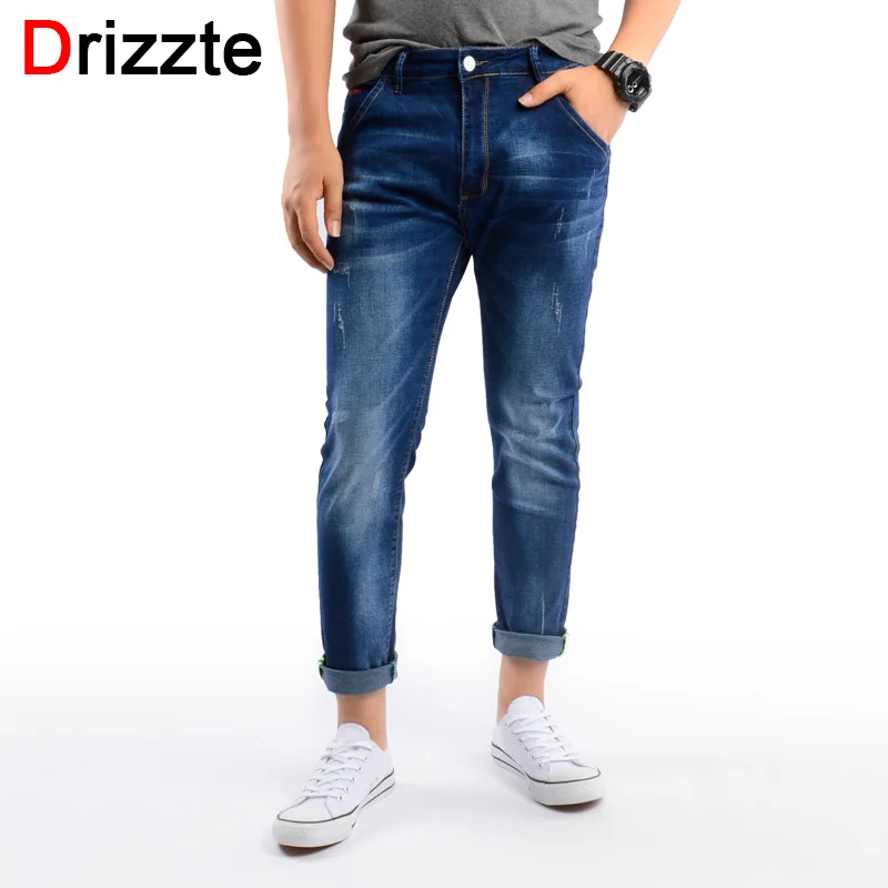 Drizzte Mens Ankle Jeans Denim Slim Fit Ripped Jeans for Men Comfort Wash Soft Blue Denim