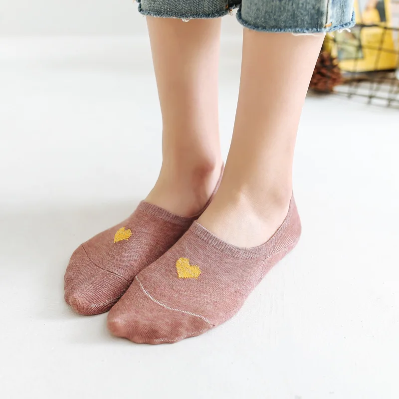 Летние хлопковые женские носки с коротким золотым сердцем 5 цветов Невидимый женский силикон нескользящие носки-лодочки 35-40