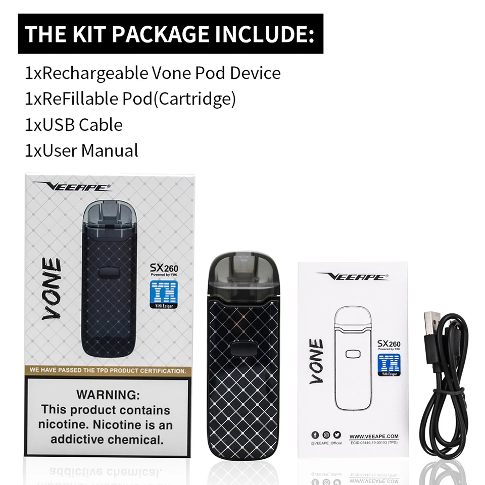 VEEAPE VONE SX260 Pod Vape Kit 1200 мАч с 2 мл 1.0ohm многоразовый картридж с испарителем комплект vs VINCI Minifit AI EVO Kit