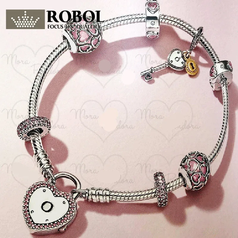 

ROBOL 100% 925 Sterling Silver New 1:1 Genuine Princess Natural Magic Bracelet Set Elegant Charm Love H Bracelet Set