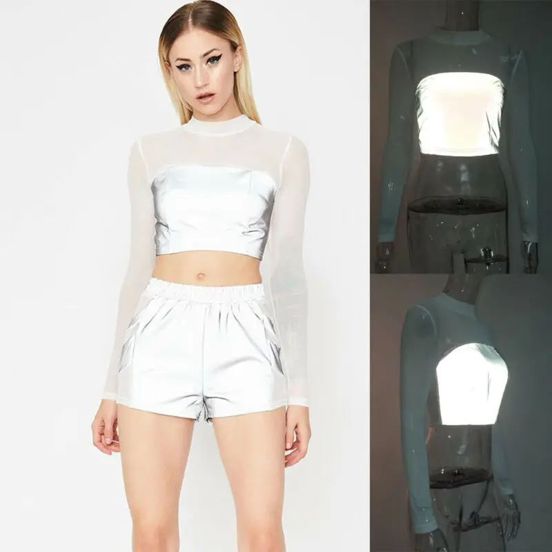 

NEW Women Reflective Long Sleeve Casual Top Women Summer T-Shirt Crop Ladies Solid Hot Mesh Tee Tops US