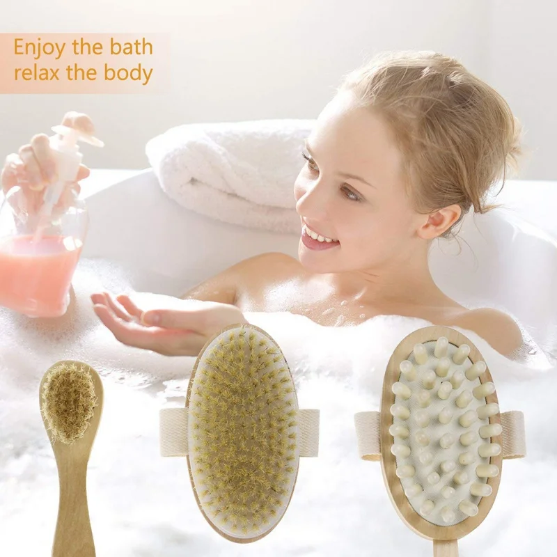 Back Face Wash Bath Brush Set Bamboo Double Sided Bristles Body Brush