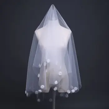 

1.5M One Layer Women Short Wedding Veil Embroidered Flower Applique Faux Pearl Embellishment Sweet Beaded Cut Trim Bridal Veil