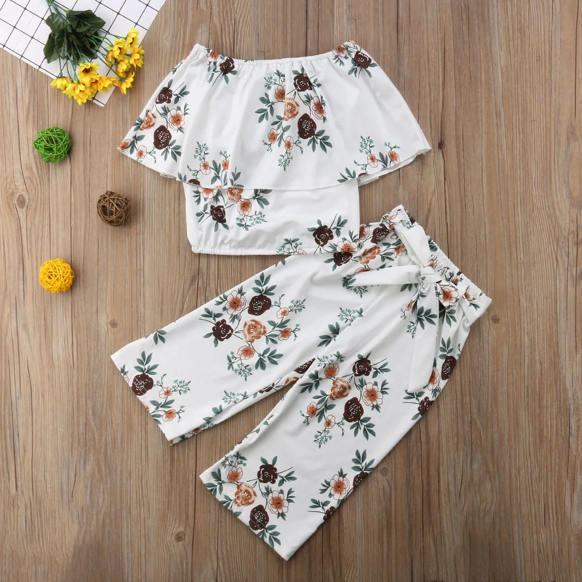 Infant Toddler Kids Baby Girl Off Shoulder Floral Tops Wide Leg Pants