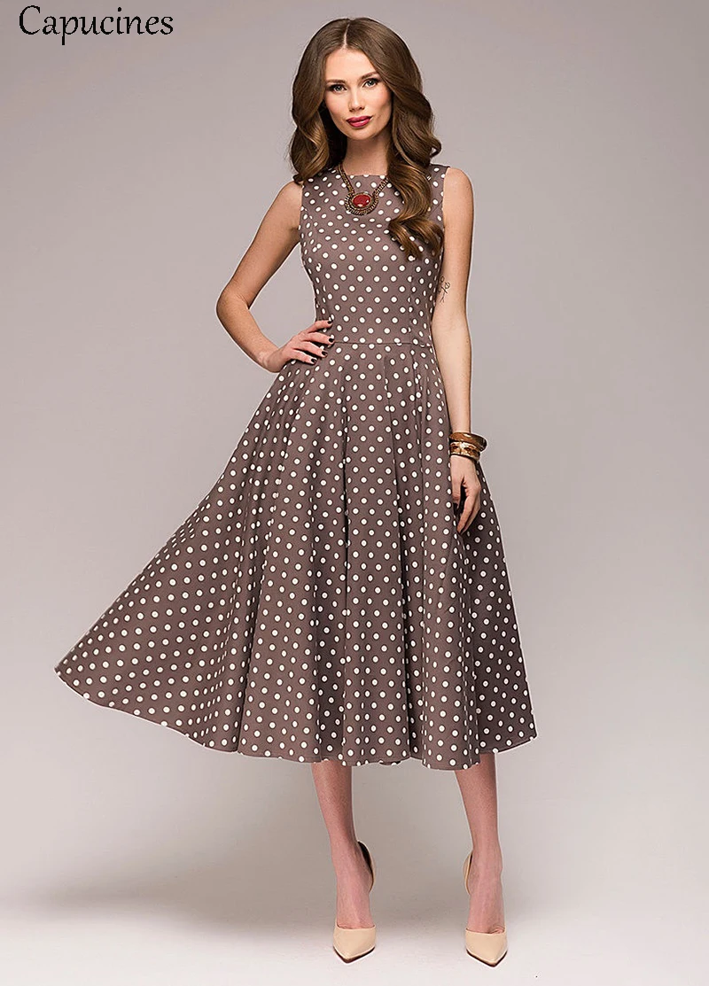 Capucines Elegant Vintage Dot Printing A-Line Dress Women Summer Sleeveless O-Neck Mid-Calf Casual Dress Female Vestidos