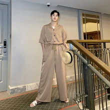 MIXCUBIC Весна английский стиль Ретро Высокая талия комбинезон брюки мужские повседневные свободные широкие брюки комбинезоны брюки для мужчин, M-2XL