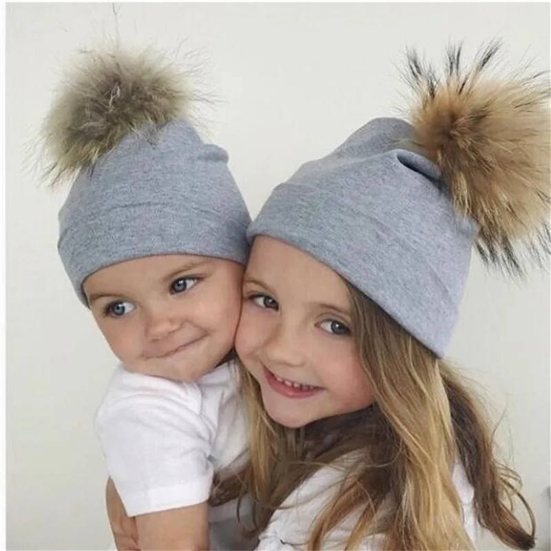 

1pcs Mommy Baby Hat Winter Warm Women Kids Cotton Hat Caps Mink Fur Ball Pompom Bobble Hat Mom Me Matching Beanie Hats