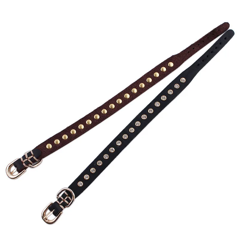SYDZSW Small Dog Collar Genuine Leather Puppy Pet Collar Leads for Cats Yorkie Dogs Fashion One Row Diamond Chihuahua Collar4