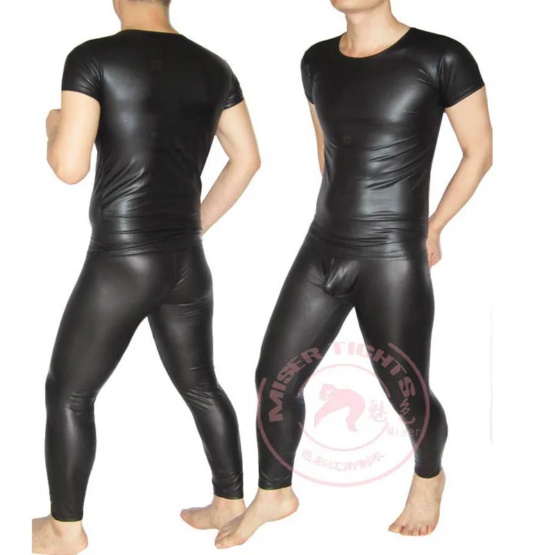 

Sexy Men Matte Faux Leathe Leggings Men Thin PU Base Underwear Set Short Sleeve Tops Tights Stage Performance Body Shaper Pants