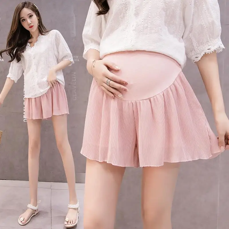 

8812# Wide Leg Pleated Chiffon Loose Maternity Shorts Summer Sweet Hot Shorts for Pregnant Women Adjustable Belly Pregnancy