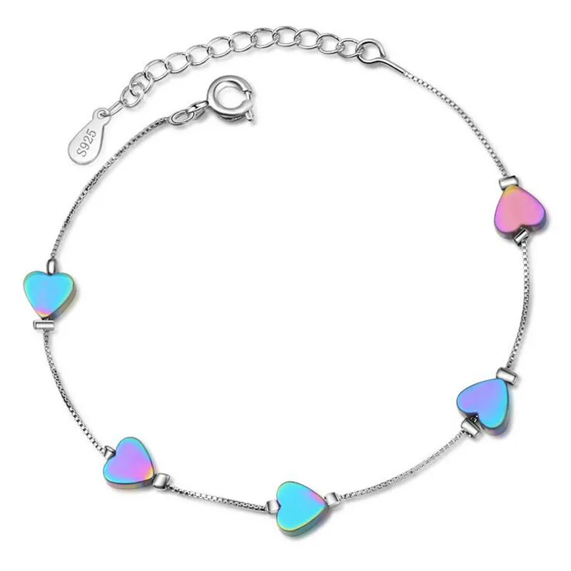 

Women Fashion 925 Silver Colorful Heart Crystal Bead Chain Bracelet Girl Female Simple Charm Bracelet Sweet Gift Jewelry BL091