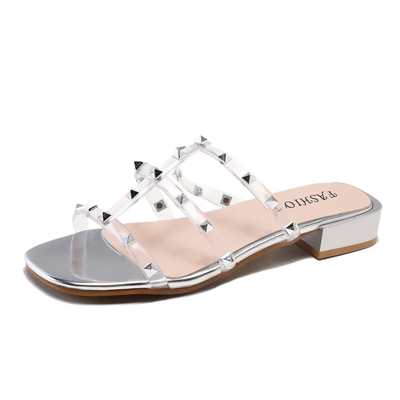 

Summer Clear Transparent Slippers Peep Toe Med Heels Slippers Female Silver Rivet Women Shoes Woman Mules Slides Ladies Shoes