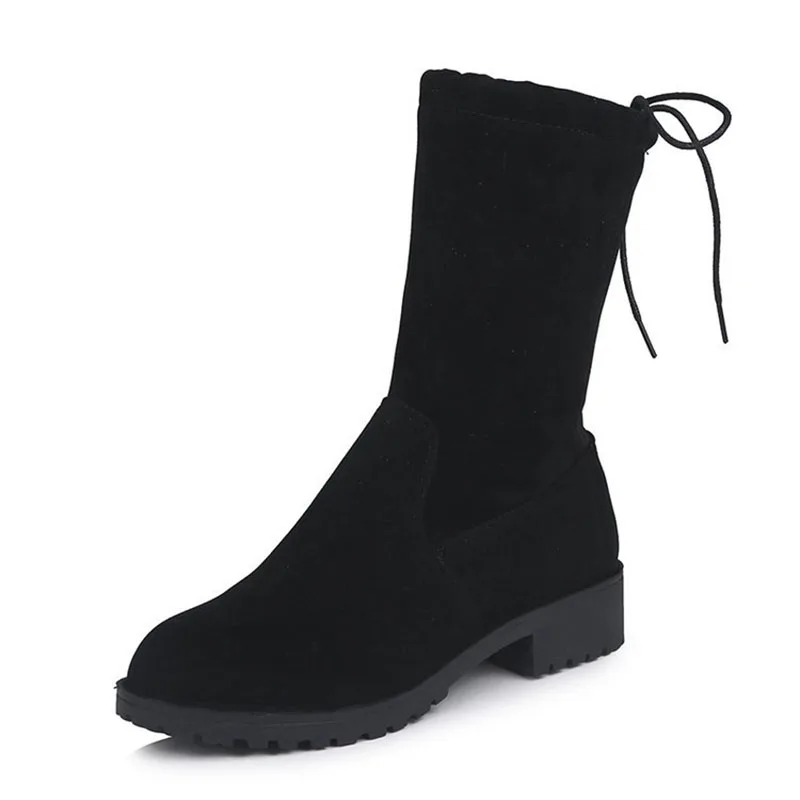 

COZULMA Women Autumn Winter Flock Mid-calf Boots Shoes Female Sewing Low Heels Fashion Boots Plus Size 35-43