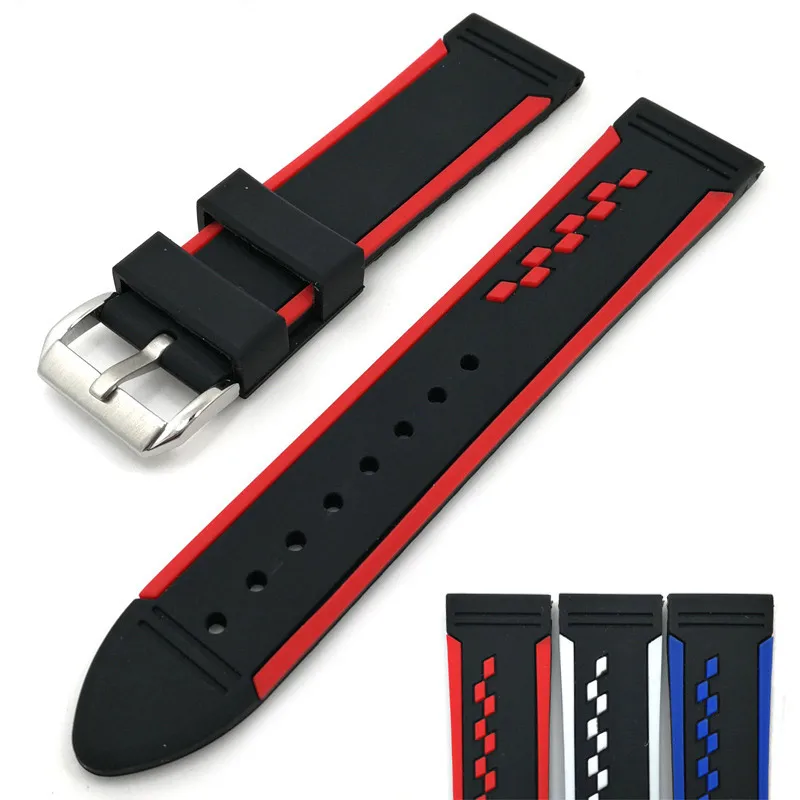 

Rubber black band Bump texture 20mm 22mm 24mm plus dust-proof feel oil upscale two-color silicone strap stainless steel clasp