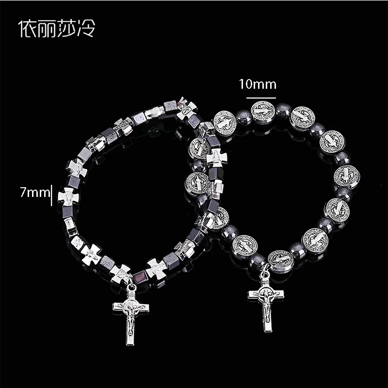 Классический крест Иисуса браслет с розами, гематитовый браслет, Святого Бенедикта браслет-Четки из бисера, браслет Святого милости