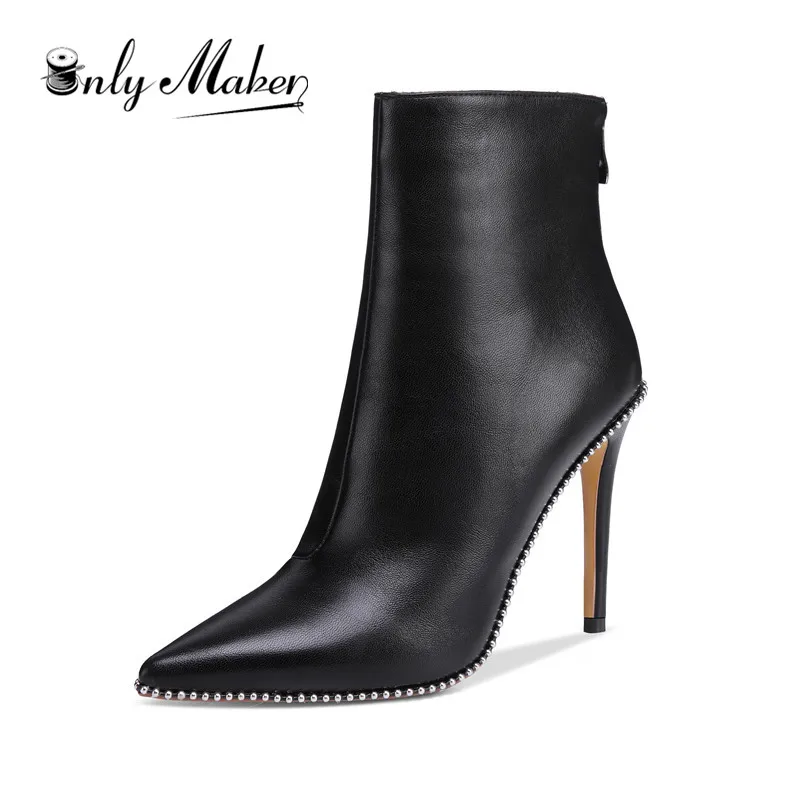 

onlymaker Pointed Toe Studded Rivet Ankle Boots for Women Side Zipper Dress High Heels Booties Black