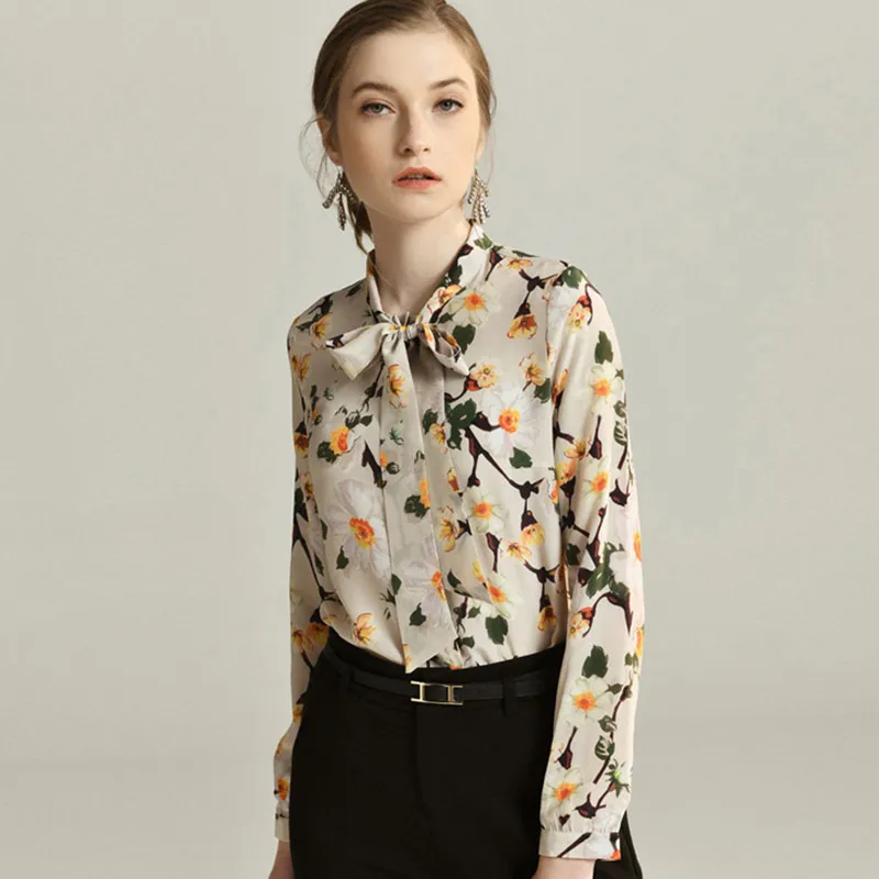 

100% Silk Blouses For Women High Quality Printed Lace Up Floral Print Womens Blouse Silk Shirts Women Natural Silk