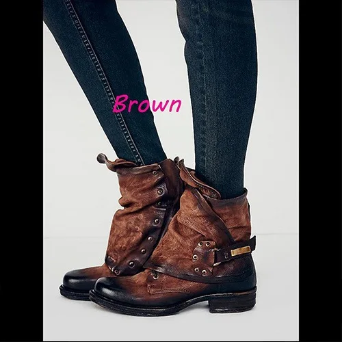 

vintage boots winter shoes woman bottes female ankle strap retro motorcyle boots leather round toe mixed color square low heels