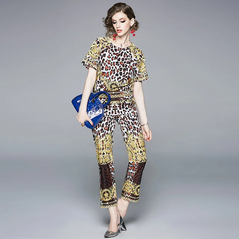 

summer leisure suits leopard print restoring ancient ways round collar short sleeve shirt show thin waist nine minutes of pant